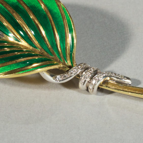 Enameled Gold Diamond Leaf Brooch