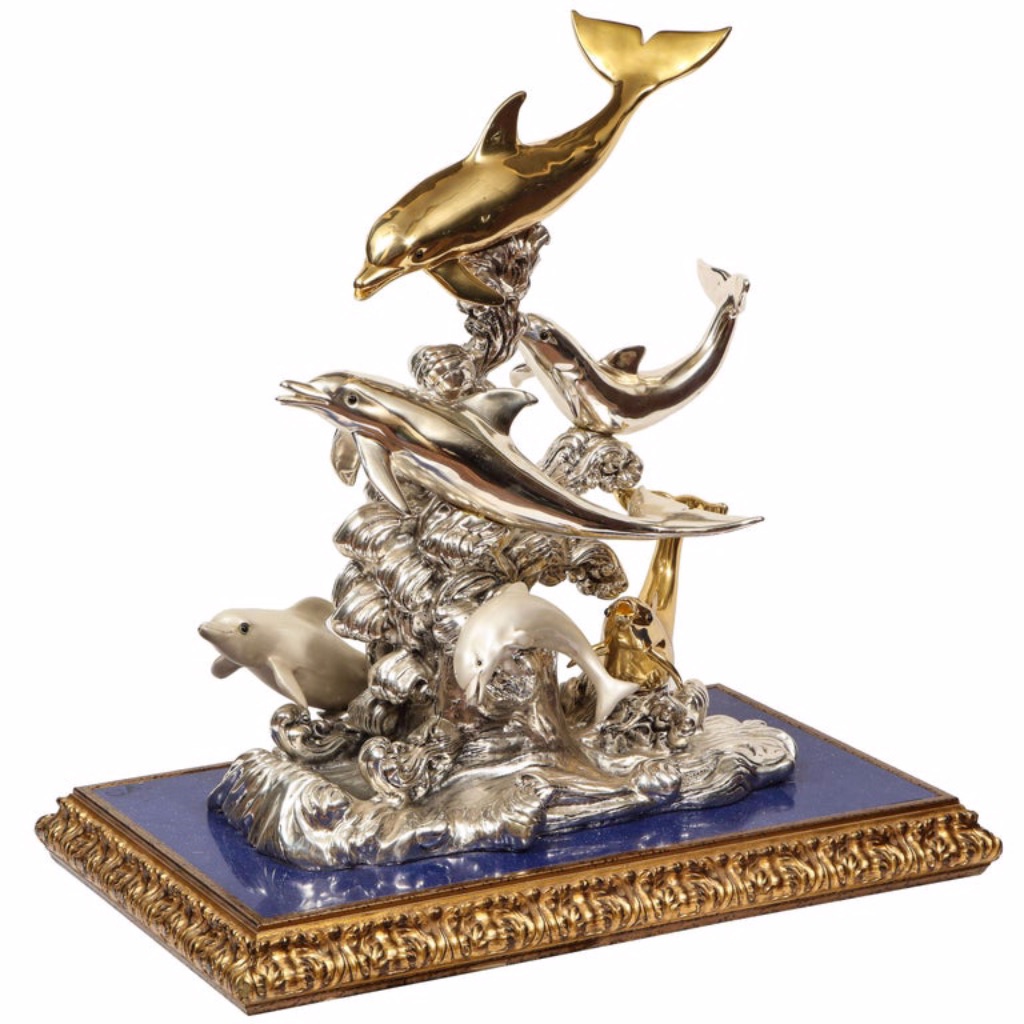 Monumental Italian Silver & Lapis Dolphin Nautical Centerpiece Sculpture - Solomon