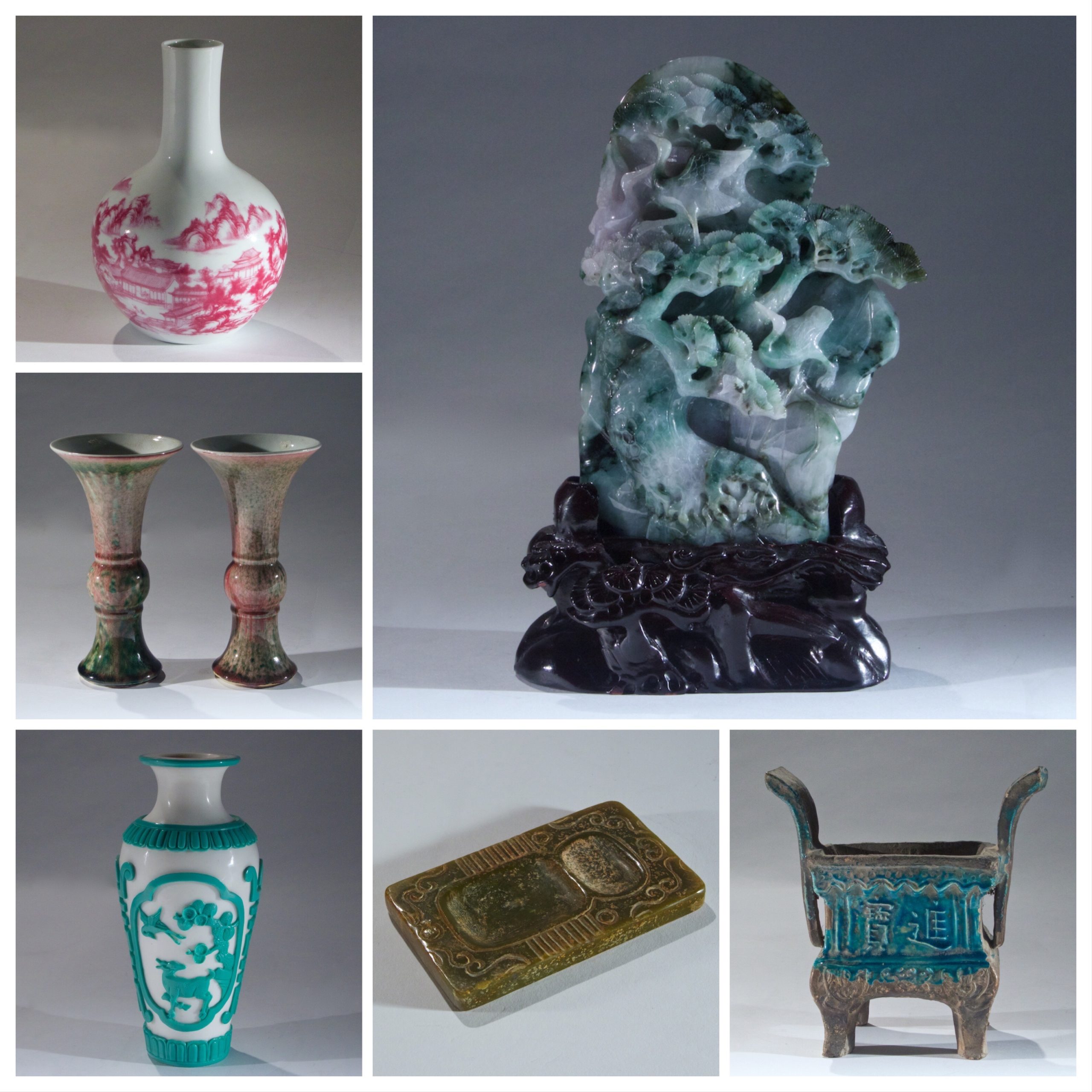 Various Chinese Antiques including Jadelite sculpture, vases, and I-Hsing Ware Brush Pot