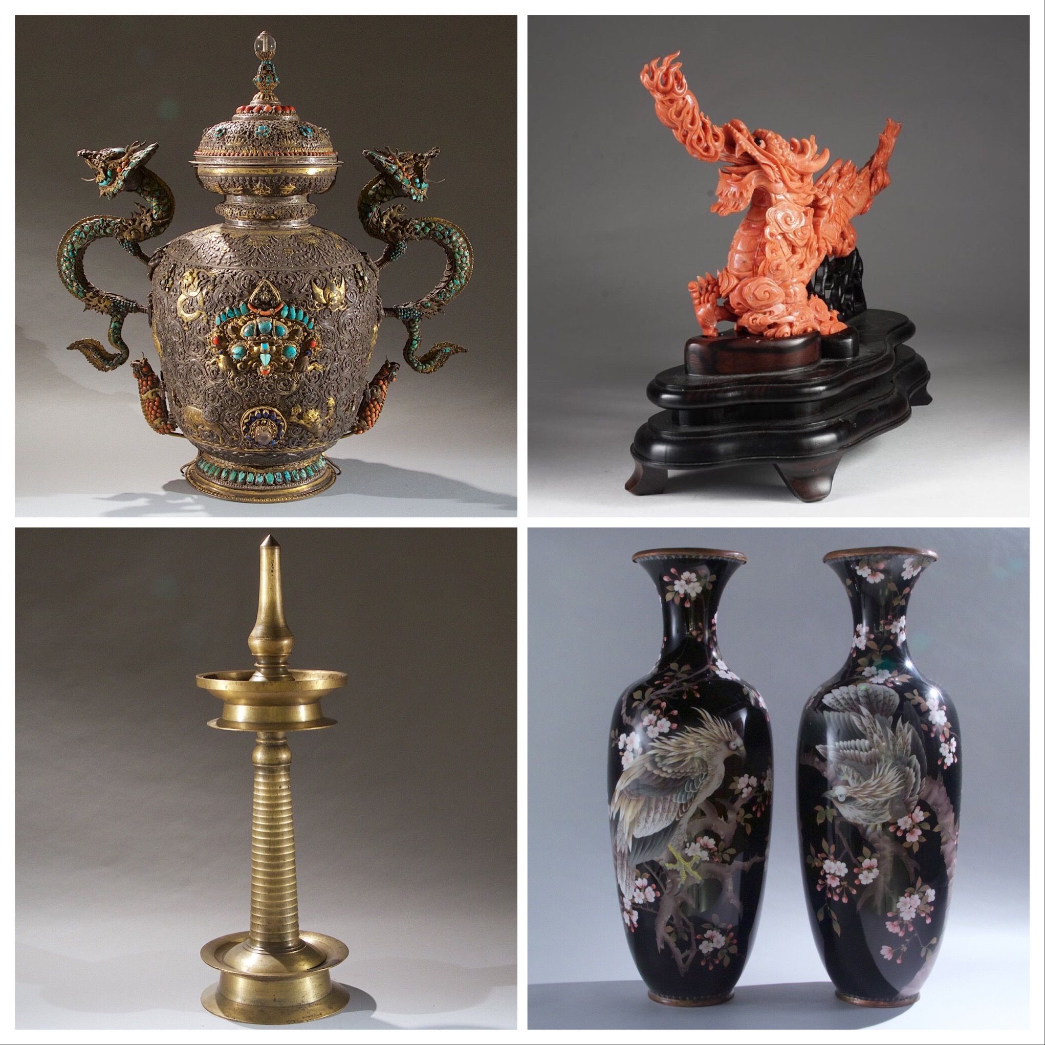 Ritual and Ceremonial Ewer/Urn, Chinese Carved Coral Dragon with Fire from Qing Dynasty, Pair of Very Large Japanese Vases, Bronze temple lamp unique with liner on stand,