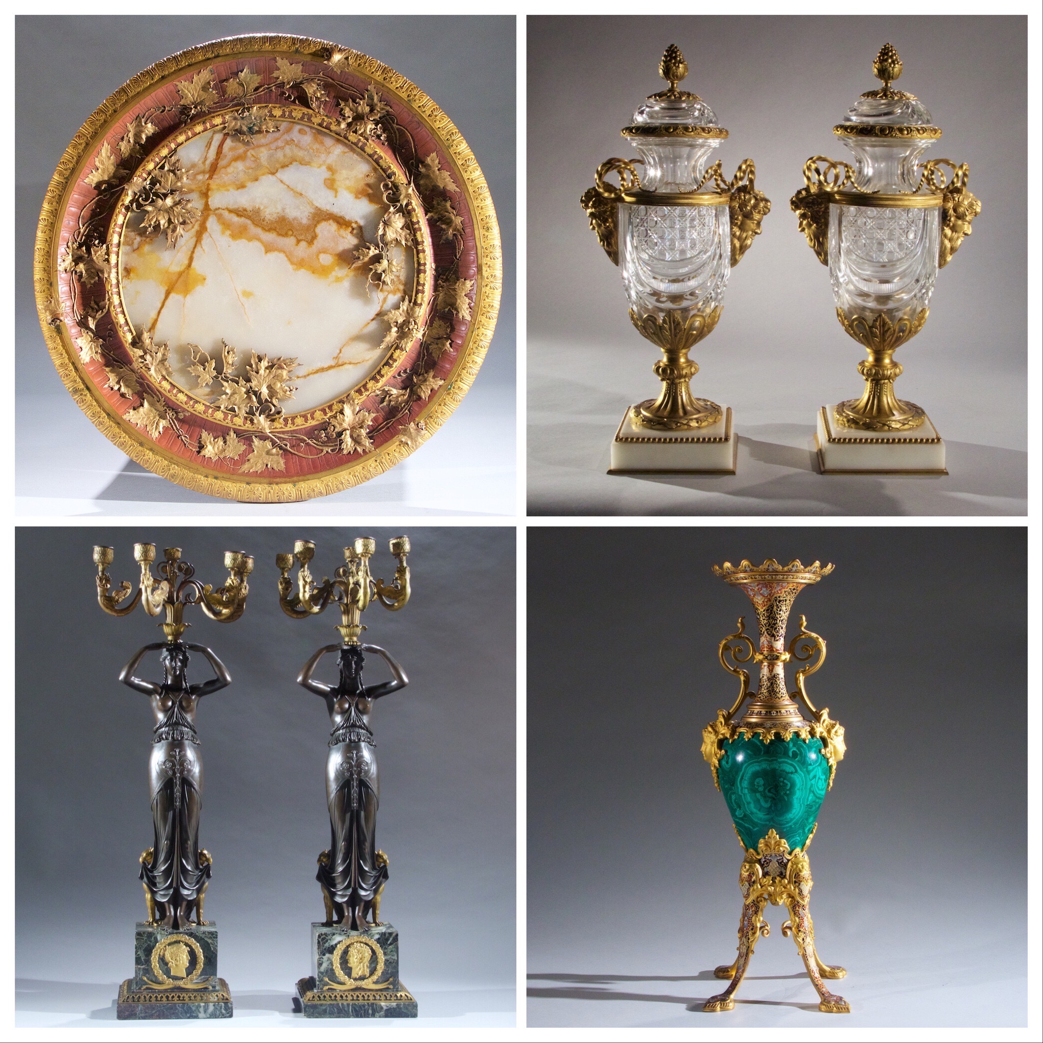French Ormolu-mounted Polychrome Bronze and Onyx Gueridon by G. Servant, Exceptional Pair of Crystal and Bronze Mounted Vases, Magnificent Gilt-Bronze Champleve and Malachite Vase on Splayed Supports, Important and Rare Pair of Empire Figural Candelabra