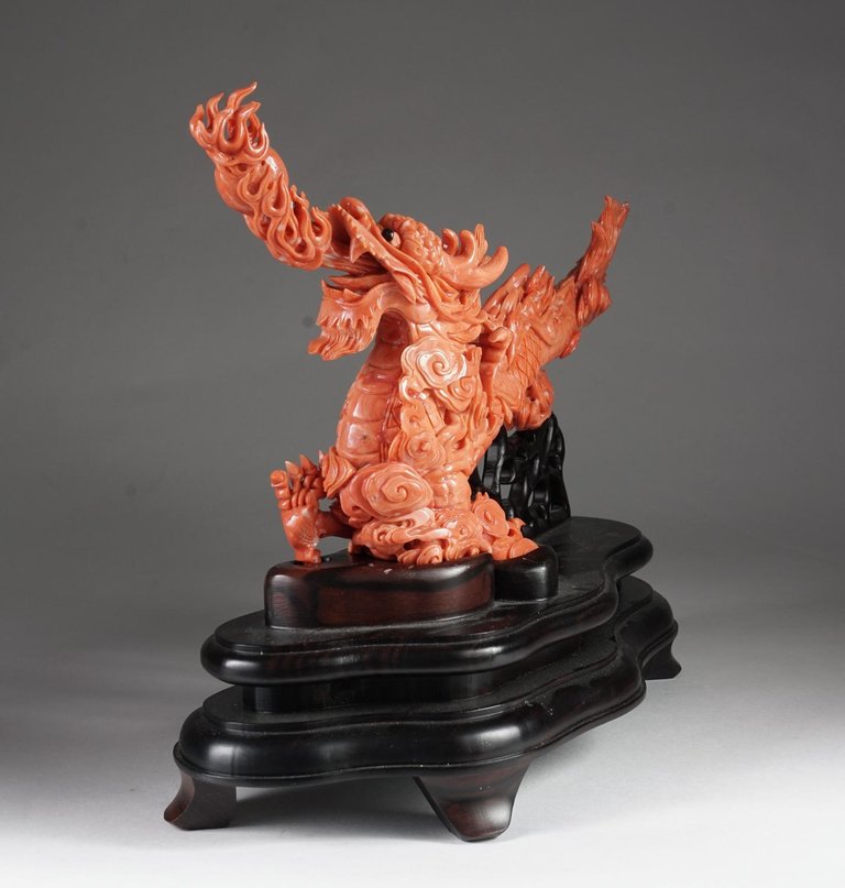 Exceptional Chinese Carved Coral Dragon with Fire, Qing Dynasty - at Solomon Treasures at the Manhattan Art & Antiques Center