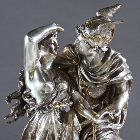 Very Fine Quality French Silvered Bronze and Rouge Marble Figural Clock
