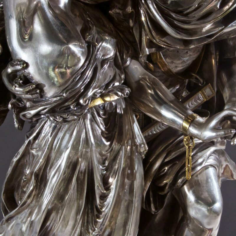 Very Fine Quality French Silvered Bronze and Rouge Marble Figural Clock