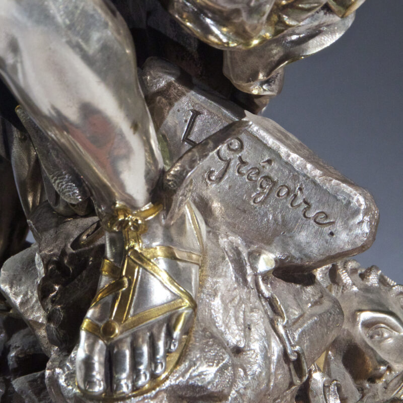 Very Fine Quality French Silvered Bronze and Rouge Marble Figural Clock