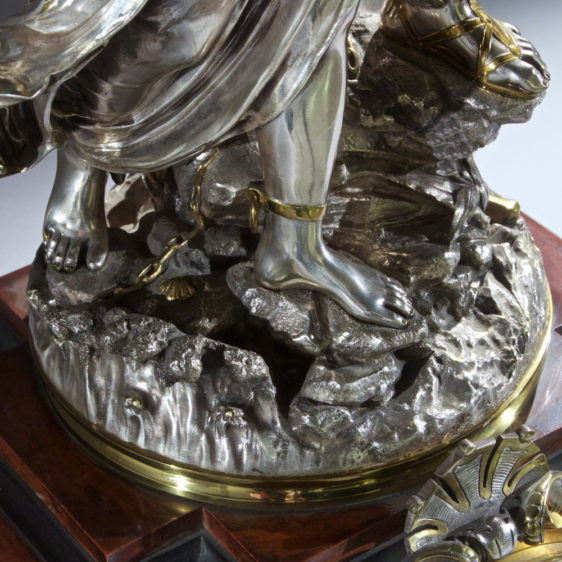Very Fine Quality French Silvered Bronze and Rouge Marble Figural Clock