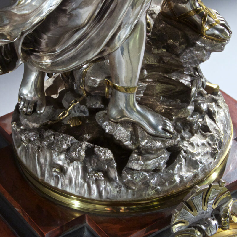 Very Fine Quality French Silvered Bronze and Rouge Marble Figural Clock