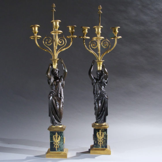 Pair of 19th Century Bronze Empire Two Tone Candelabras
