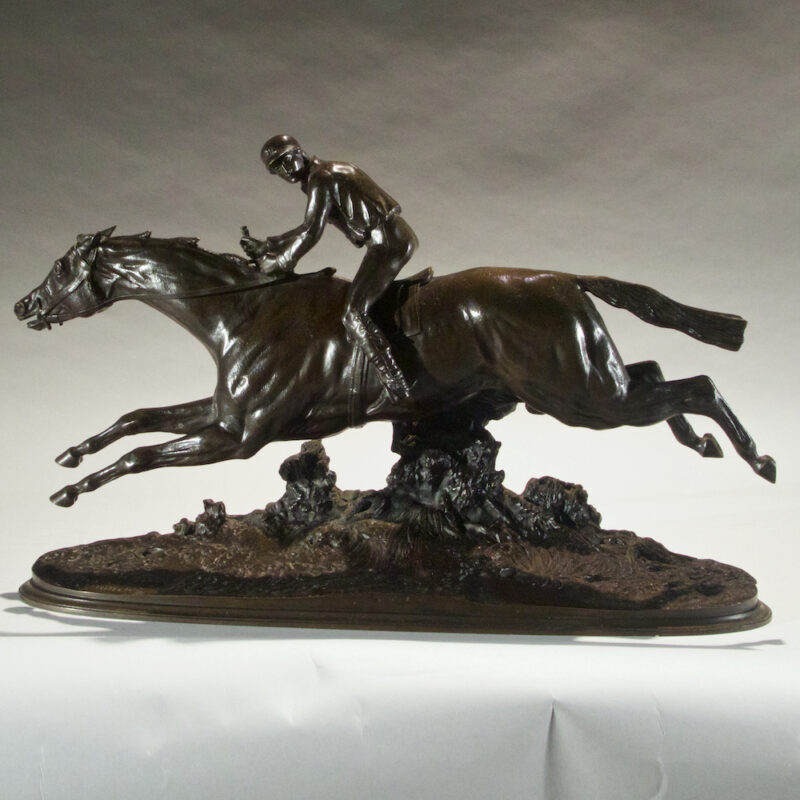 French Patinated Bronze Sculpture of Jockey on Horseback Signed Pierre Lenordez