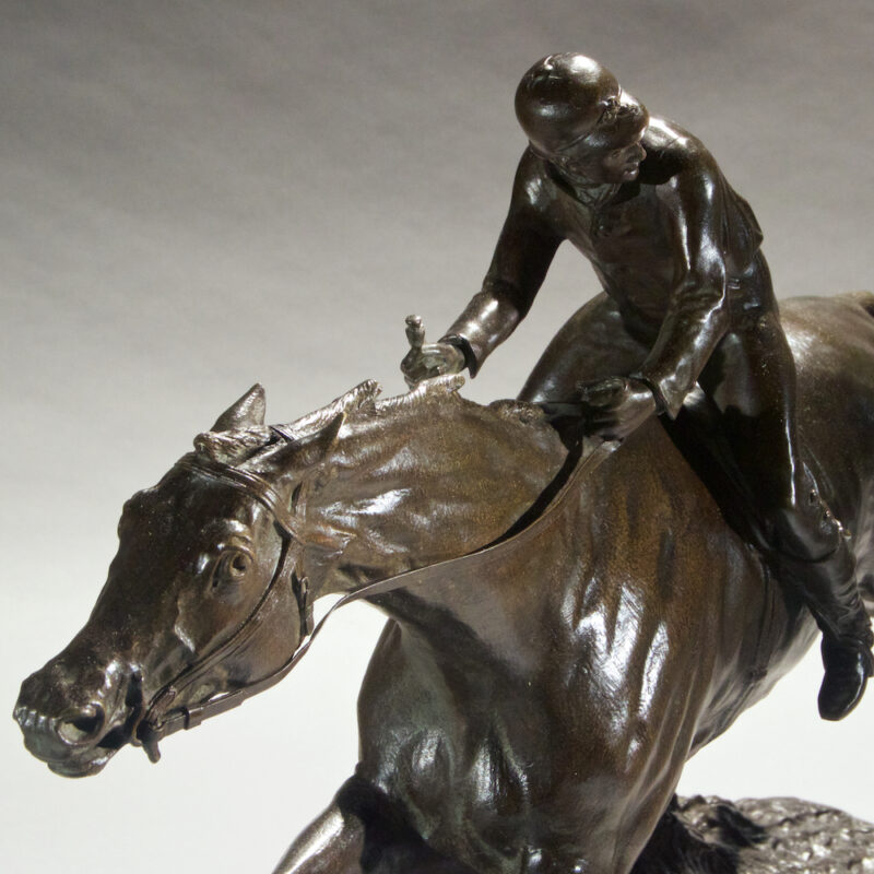 French Patinated Bronze Sculpture of Jockey on Horseback Signed Pierre Lenordez