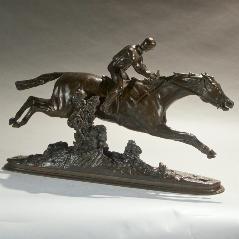 French Patinated Bronze Sculpture of Jockey on Horseback Signed Pierre Lenordez