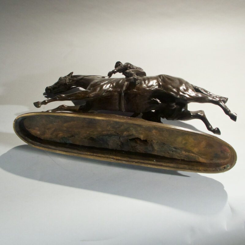 French Patinated Bronze Sculpture of Jockey on Horseback Signed Pierre Lenordez