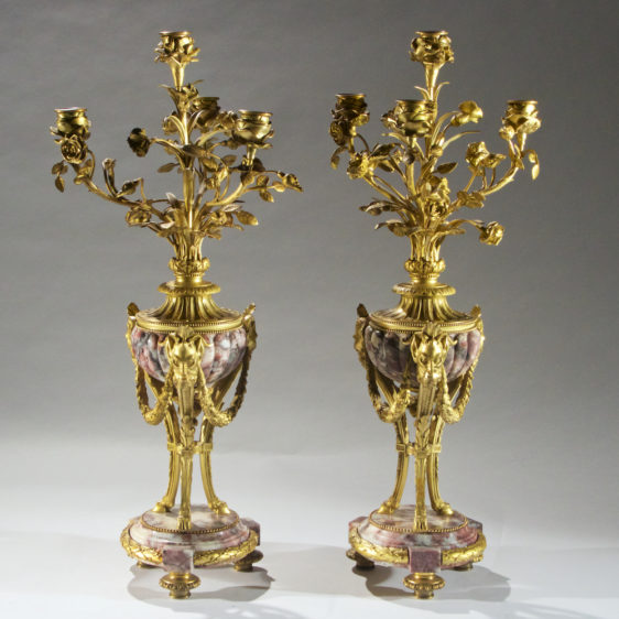 Very Fine Quality Pair of Ormolu Mounted and Marble Louis XVI Four Light Candelabra
