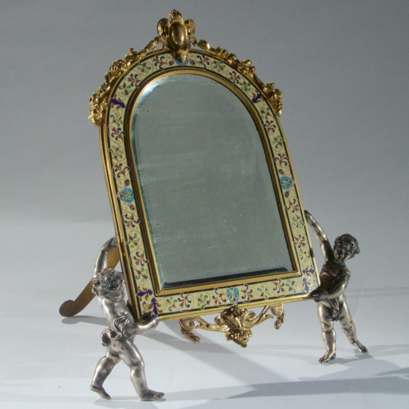 Fine Champleve Enamel and Gilt Bronze Vanity Mirror Held by Cherubs