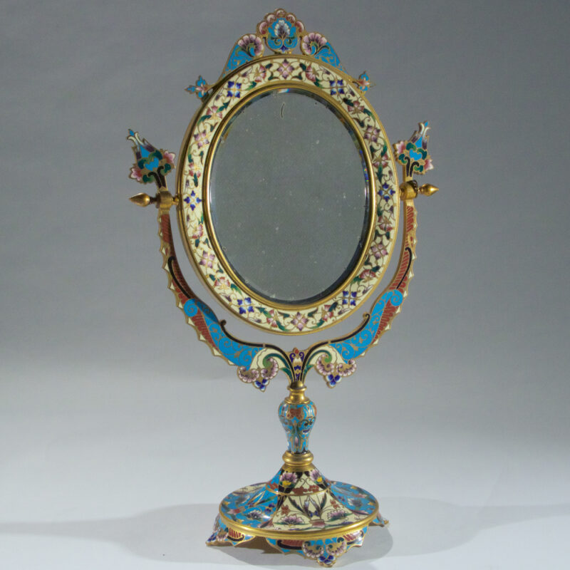 A French Ormolu and Champleve Enamel Oval Dressing Table Mirror