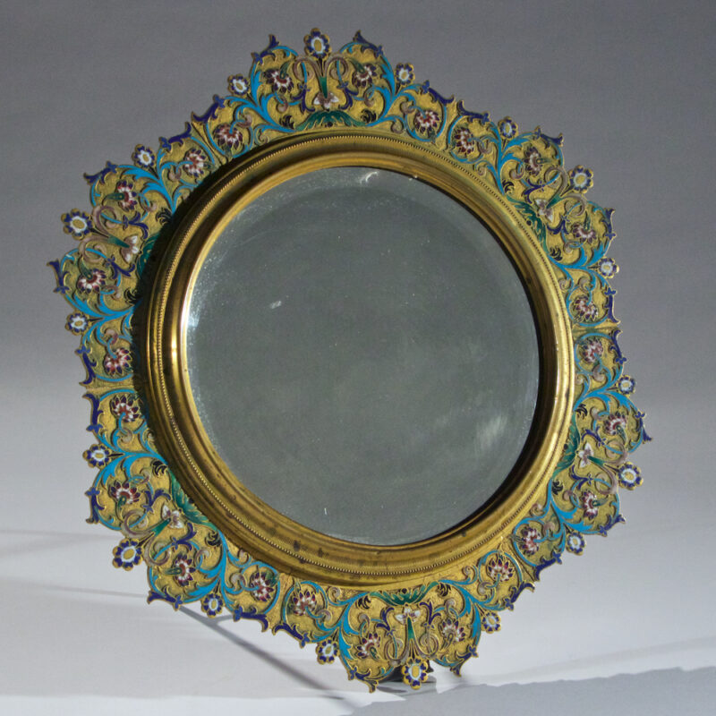 French Gilt Bronze Enameled Champleve Vanity Mirror