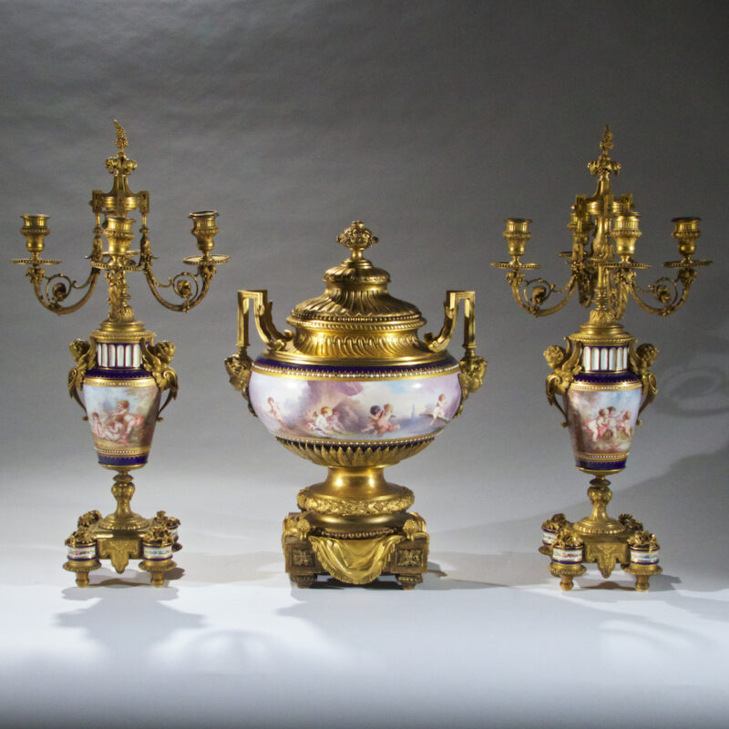 High Quality Sevres-Style Ormolu Mounted Porcelain and Cobalt Blue Ground Three Piece Garniture