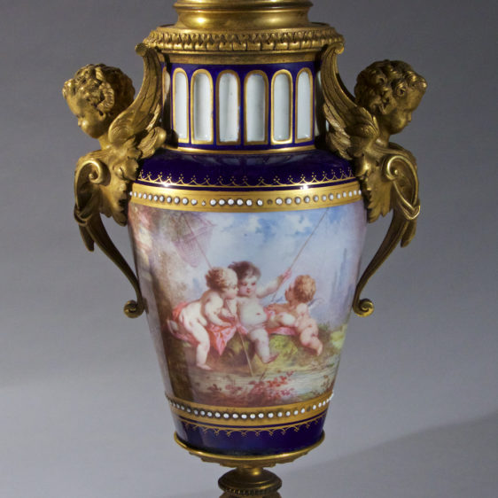 High Quality Sevres-Style Ormolu Mounted Porcelain and Cobalt Blue Ground Three Piece Garniture
