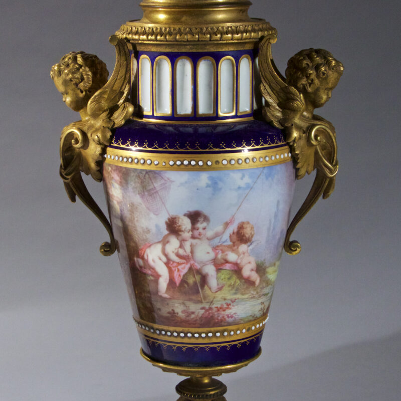 High Quality Sevres-Style Ormolu Mounted Porcelain and Cobalt Blue Ground Three Piece Garniture