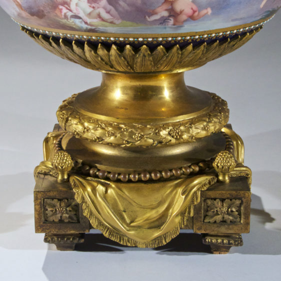 High Quality Sevres-Style Ormolu Mounted Porcelain and Cobalt Blue Ground Three Piece Garniture