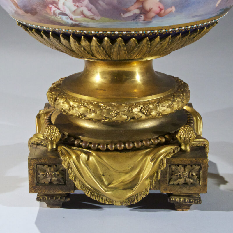 High Quality Sevres-Style Ormolu Mounted Porcelain and Cobalt Blue Ground Three Piece Garniture