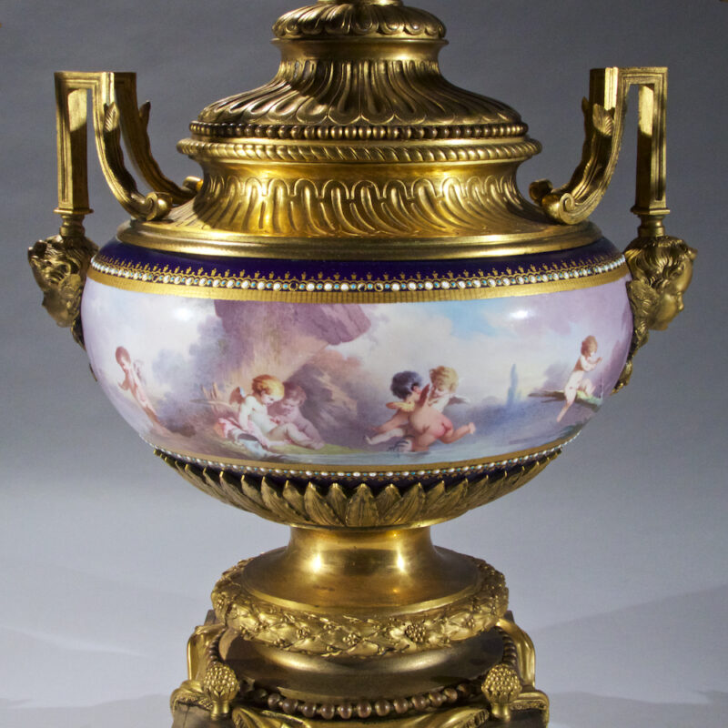 High Quality Sevres-Style Ormolu Mounted Porcelain and Cobalt Blue Ground Three Piece Garniture