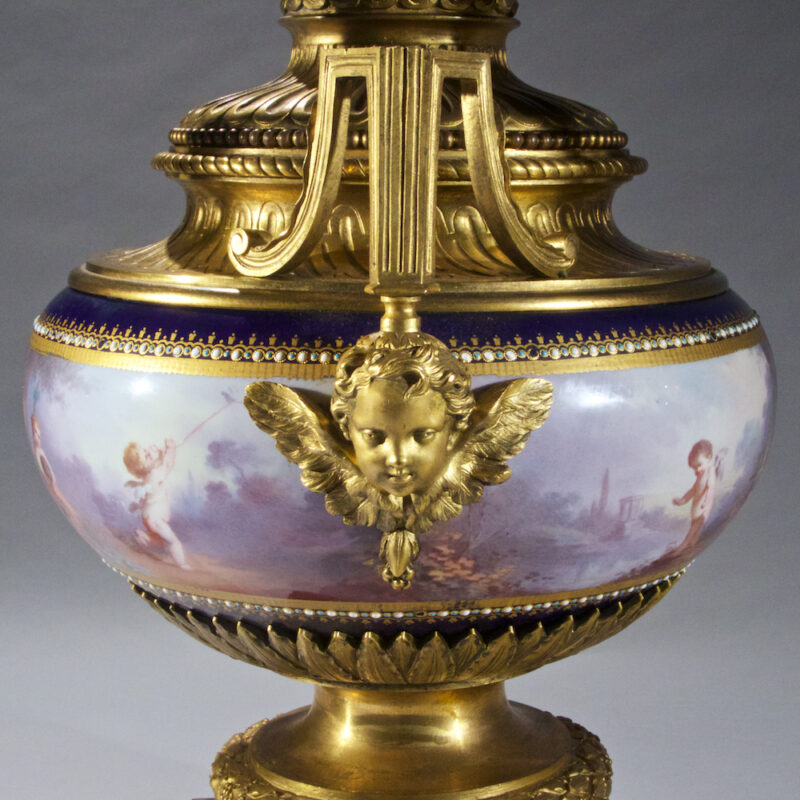 High Quality Sevres-Style Ormolu Mounted Porcelain and Cobalt Blue Ground Three Piece Garniture