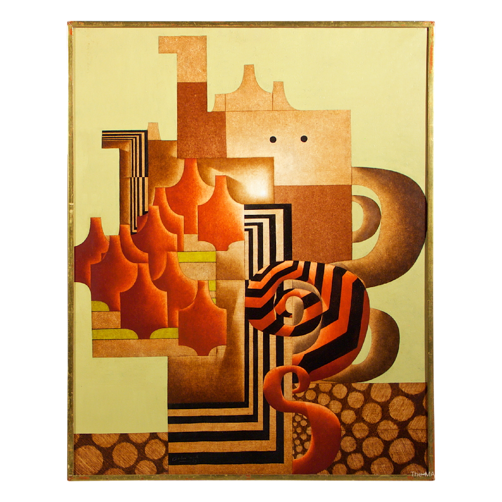 Painting: Abstract Composition by Christian Lemesle - with yellow background and orange objects