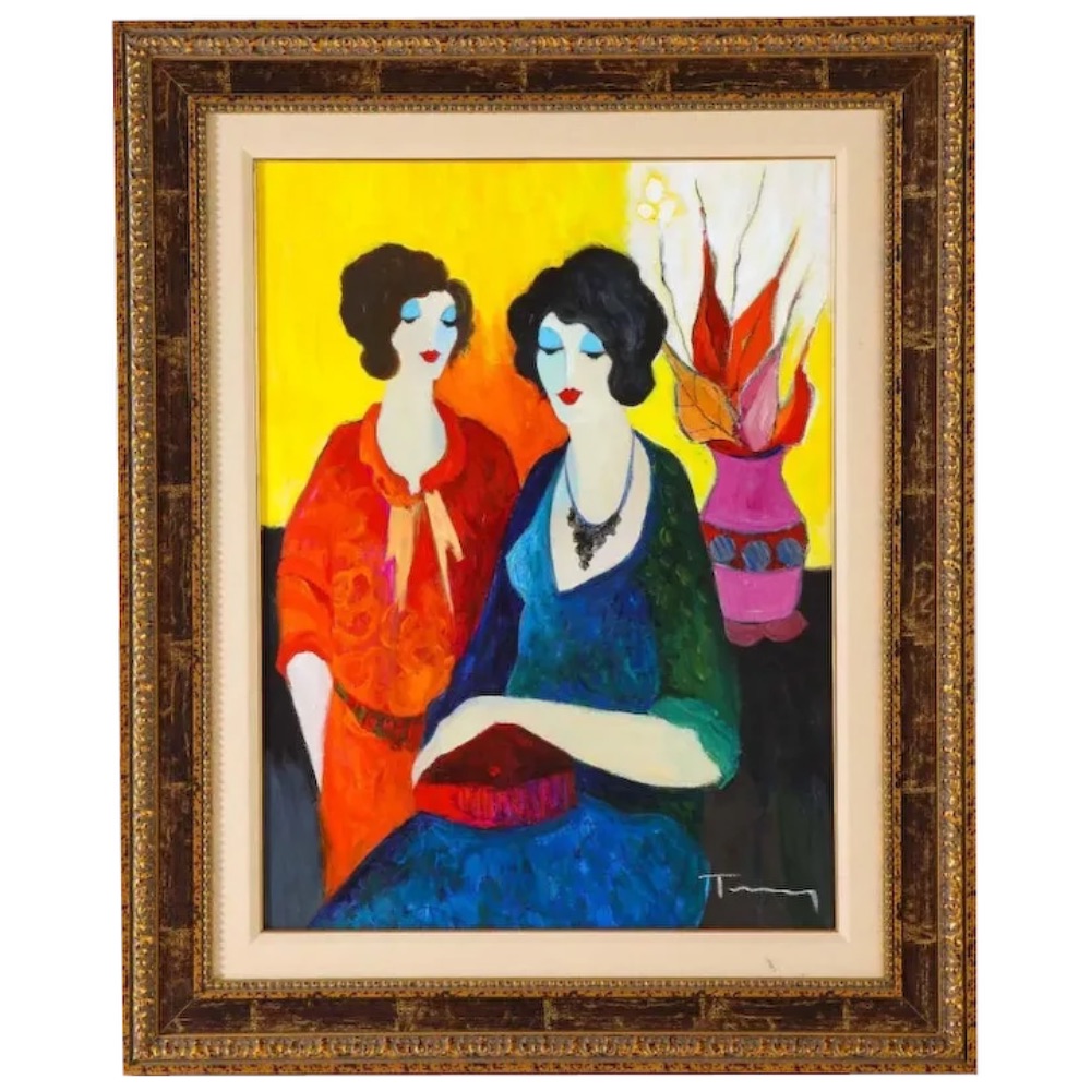 Bright drawing of two women in colorful clothing with yellow background