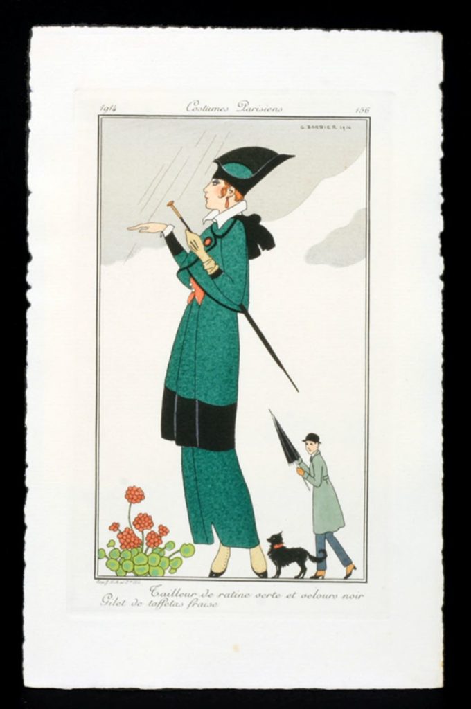 Woman in green with umbrella - with man with umbrella and dog in the background