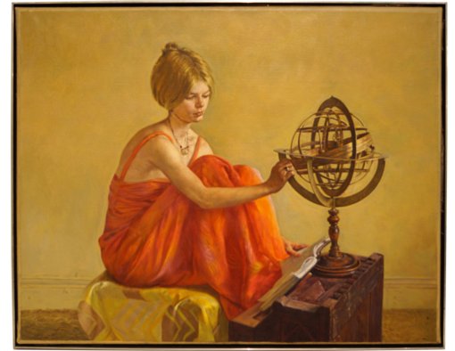 1930s Oil on Canvas Painting of Seated Lady Studying The Globe