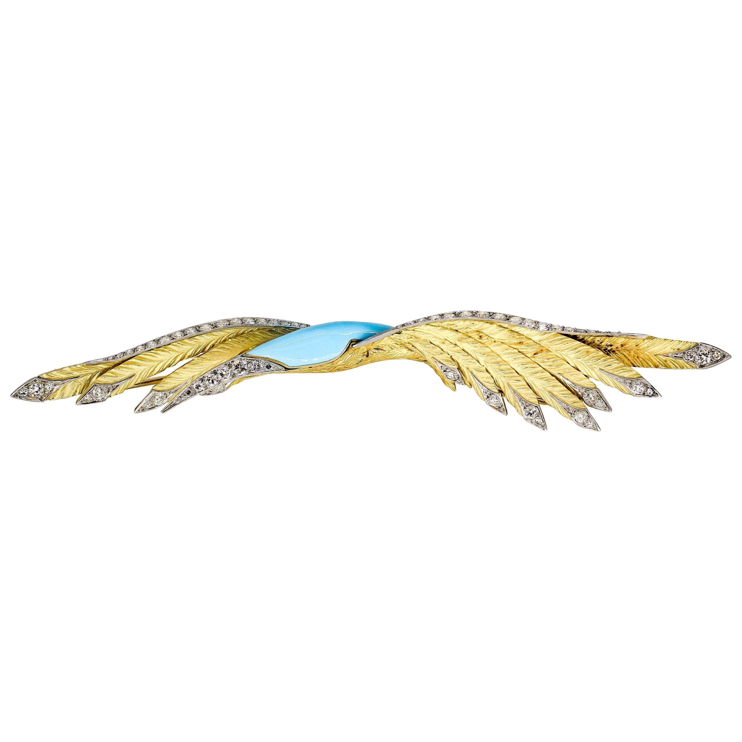 French Diamond Enamel Gold Platinum Bird Brooch