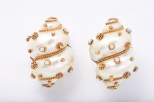 c1970 large shell earrings studded with pearls and 14k gold trimming by Maz.