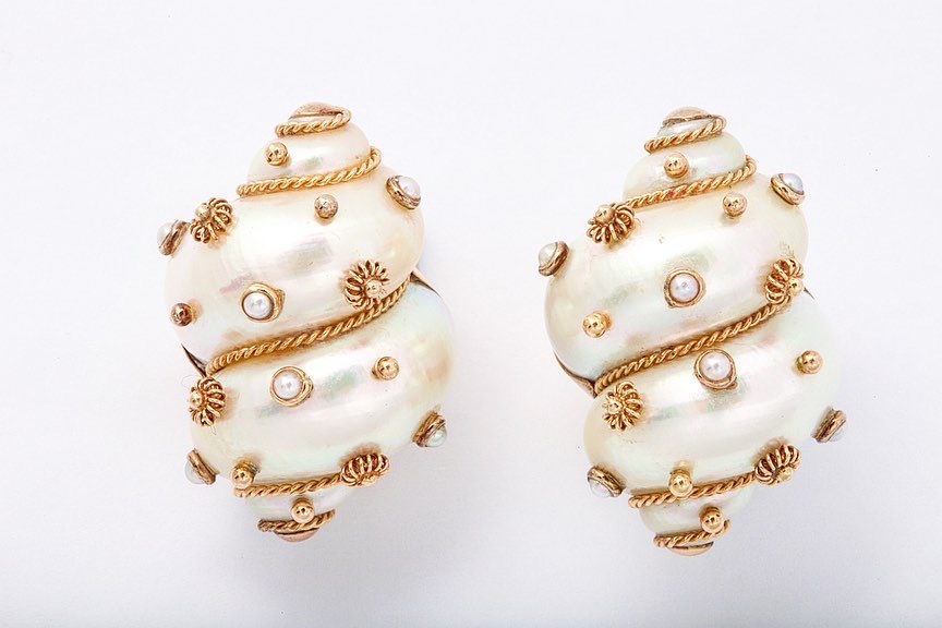 c1970 large shell earrings studded with pearls and 14k gold trimming by Maz. 