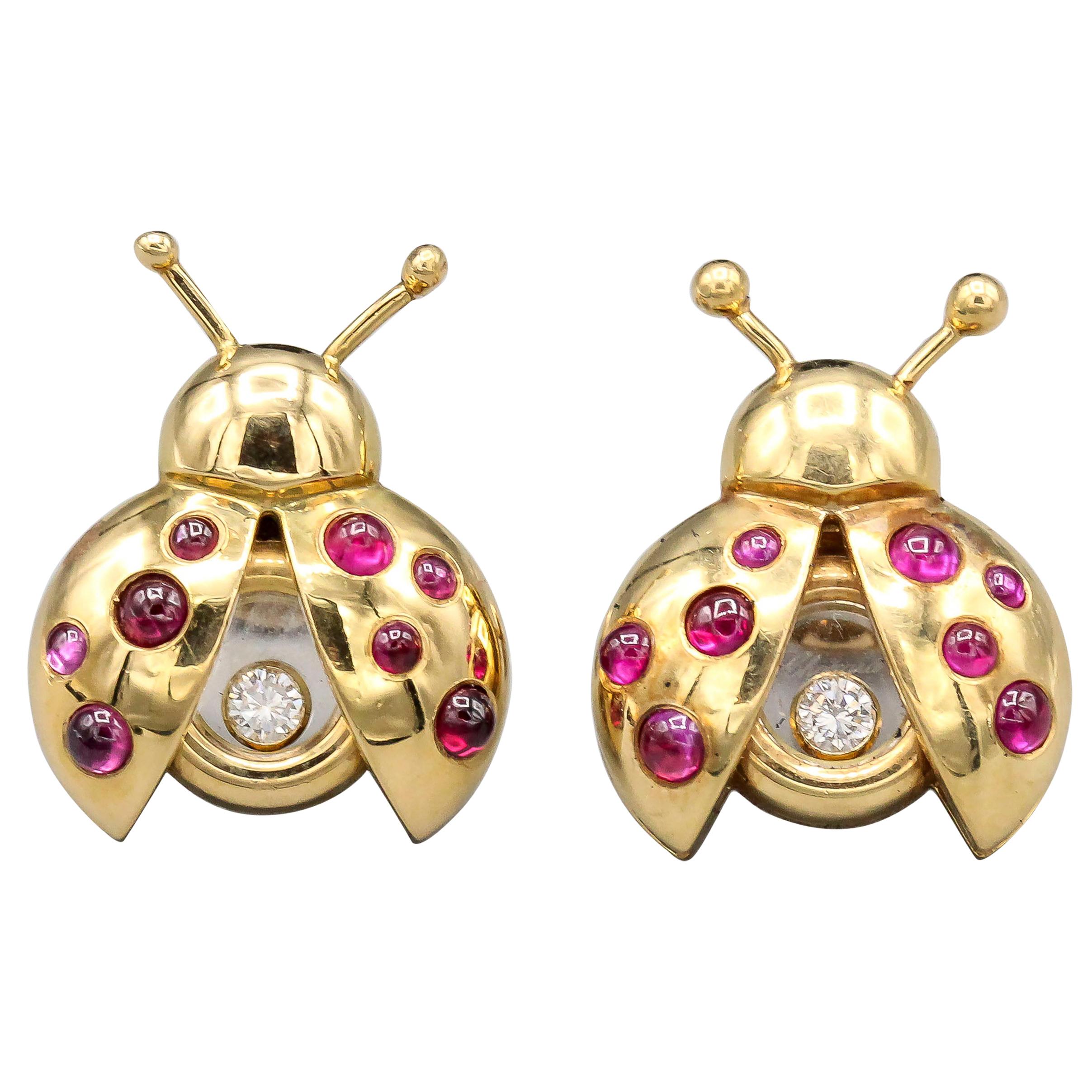 Chopard Happy Diamond Ruby and 18 Karat Gold Ladybug Earrings