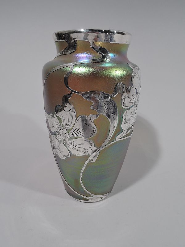 Art Nouveau Iridescent and Silver Overlay Glass Vase by Historic Loetz