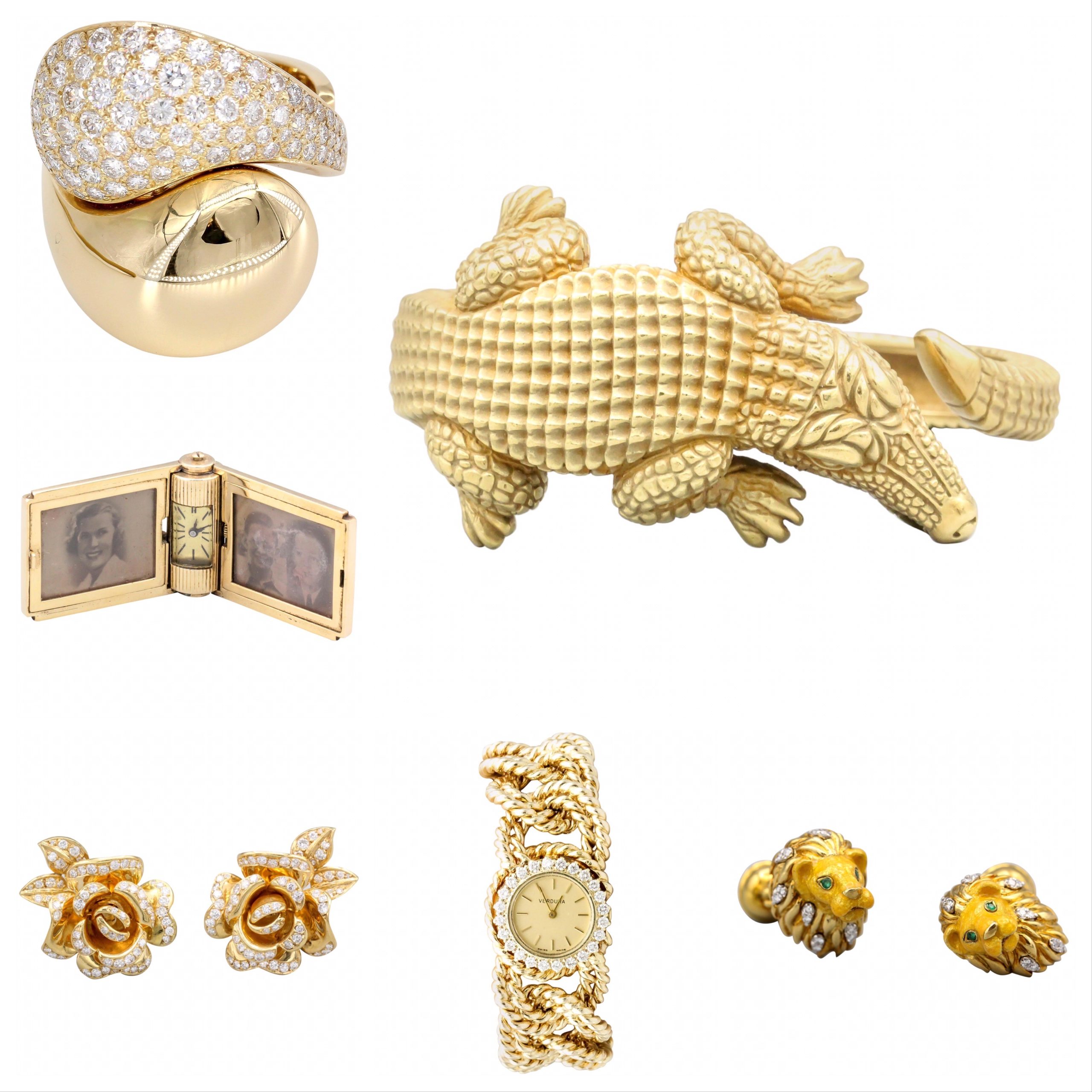 Various gold pieces of jewelry: Including a alligator cuff bracelet, lion cufflinks, gold link watch bracelet, flower earrings, photo frame clock, Yin Yang Ring