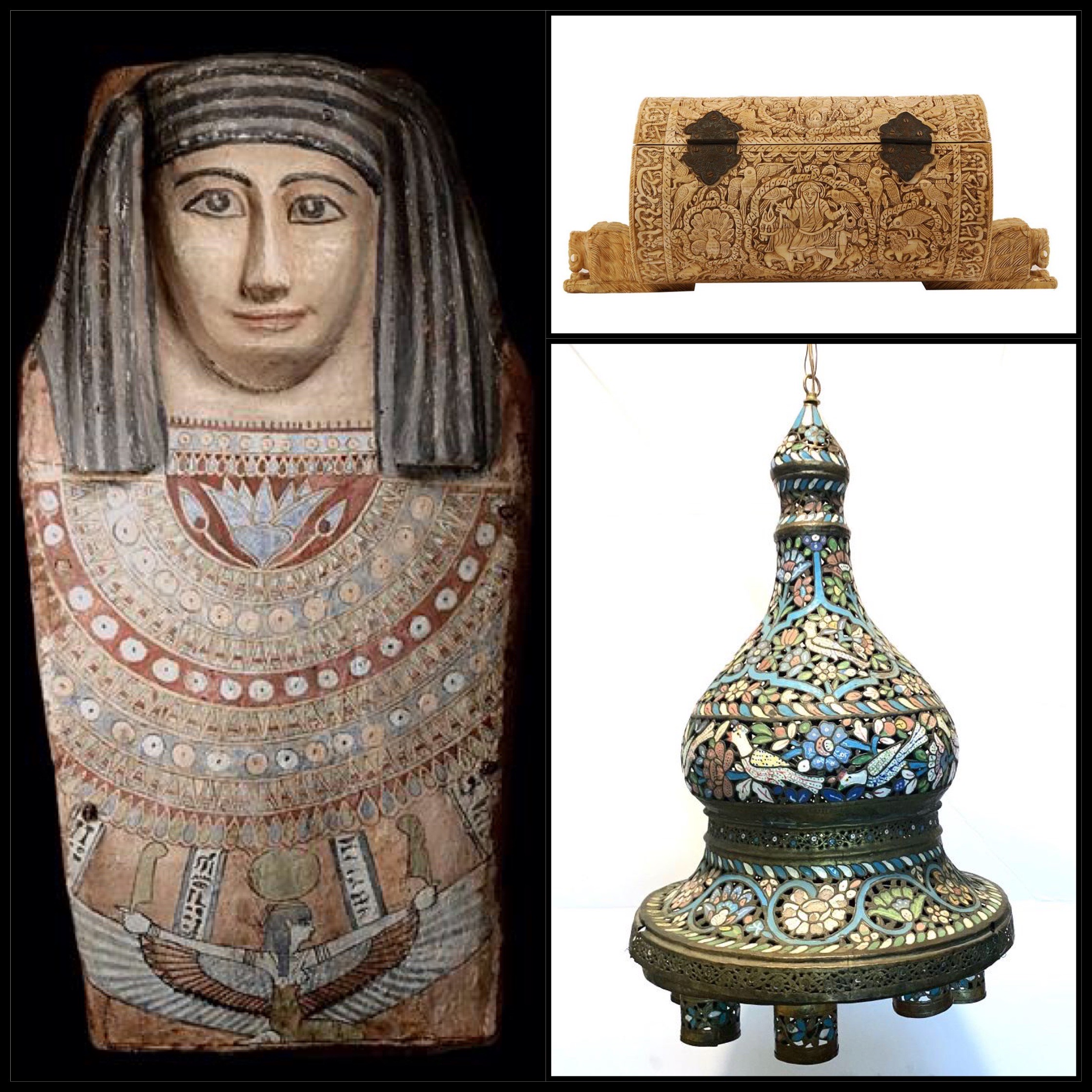 Ancient Egyptian Large Front Section of a Sarcophagus; India, Mughal Large Carved Bone Chest c.19th century; Large Islamic Ottoman Syrian enamel Lamp c.19th century