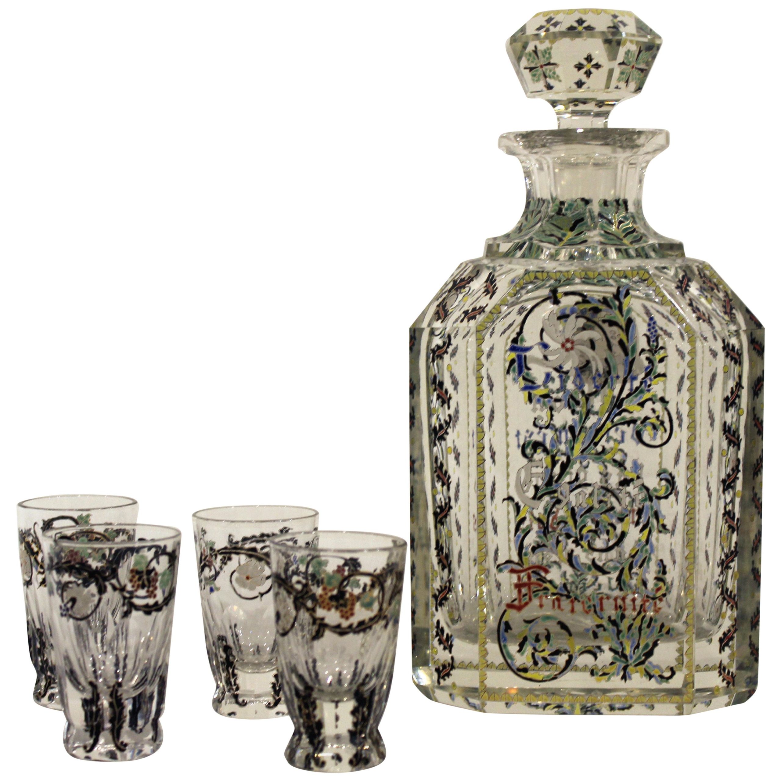 5 Piece French Art Glass and Enamel Decanter and Shot Glass Set