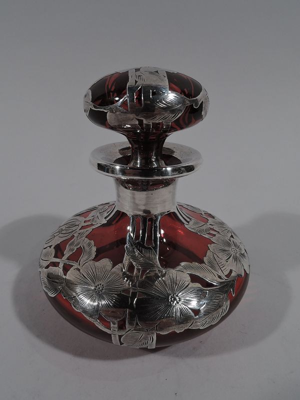 Art Nouveau Red Silver Overlay Perfume Bottle