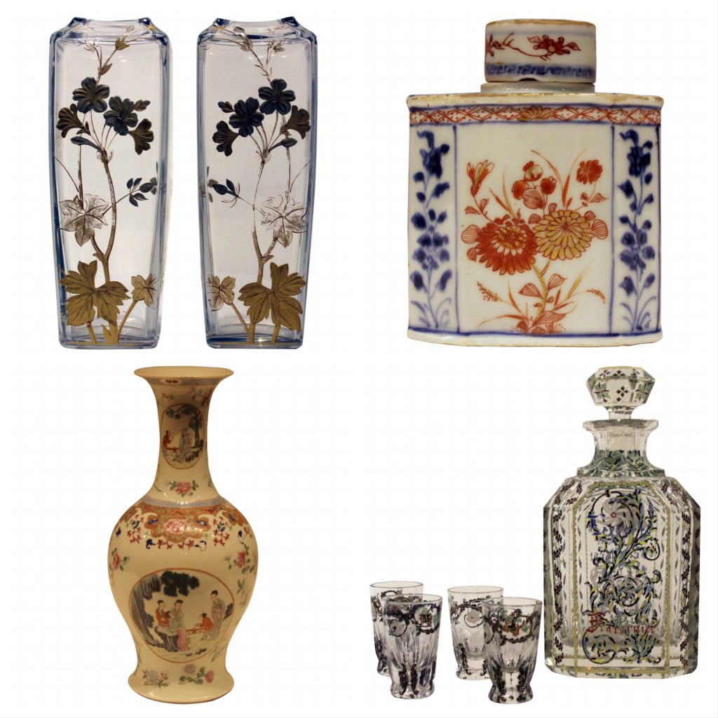 Pair of Baccarat Glass Vases; 18th Century Chinese Export Blue White and Red Painted Tea Caddy; 5 Piece French Art Glass and Enamel Decanter and Shot Glass Set; Late 19th Century Chinese Porcelain Vase Painted and Enameled with Figures