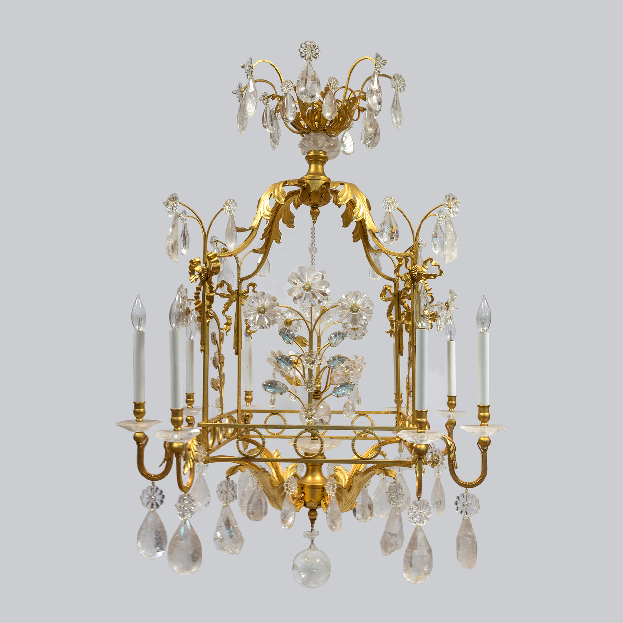 A Charming Gilt-Metal and Rock Crystal Cage-Formed Eight-Light Chandelier