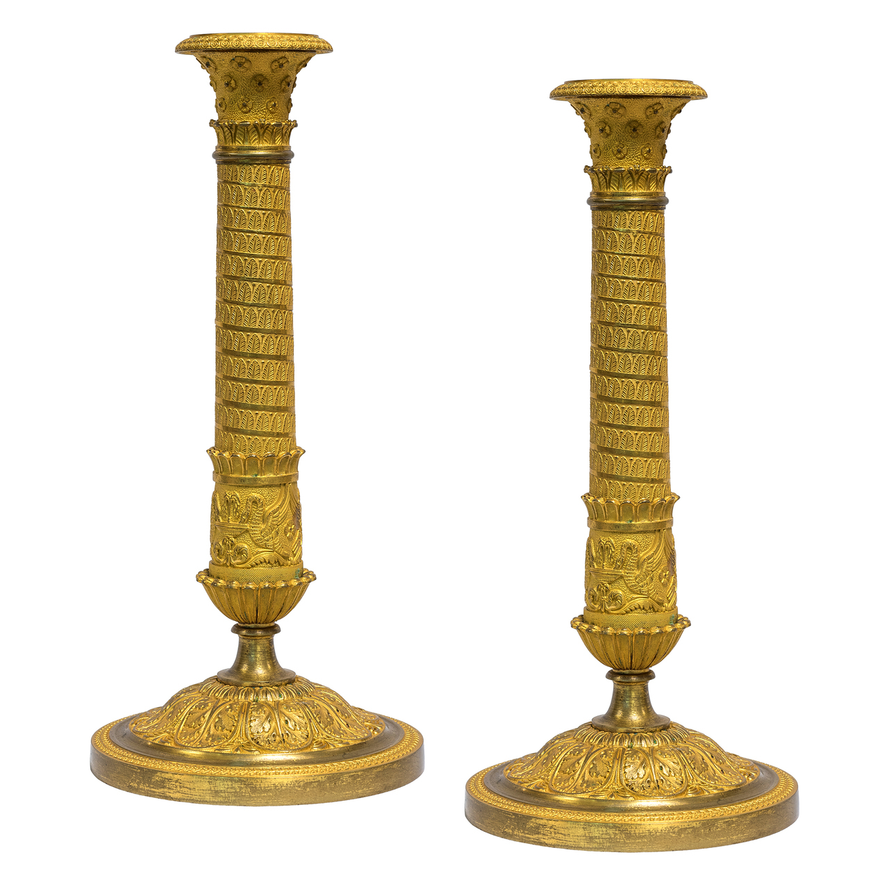 A Fine Quality Pair of French Empire Gilt Bronze Candlesticks