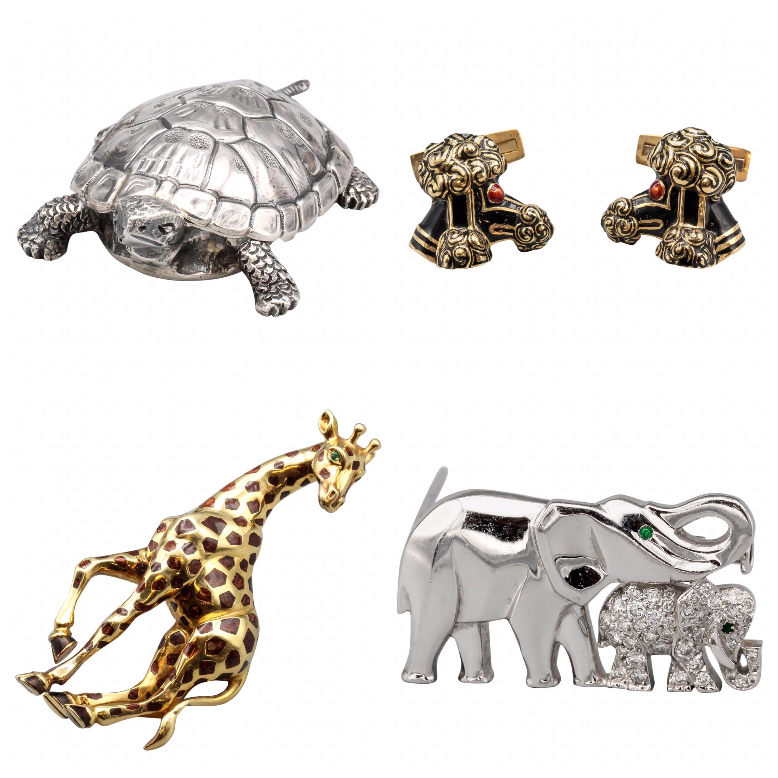 Buccellati Midcentury Sterling Silver Turtle Box, circa 1950-60s, David Webb 18 Karat Gold and Enamel French Poodle Cufflinks, Cartier Diamond Emerald and 18 Karat White Gold Elephant Mother Brooch, Cartier Emerald Enamel 18 Karat Gold Giraffe Brooch. 
