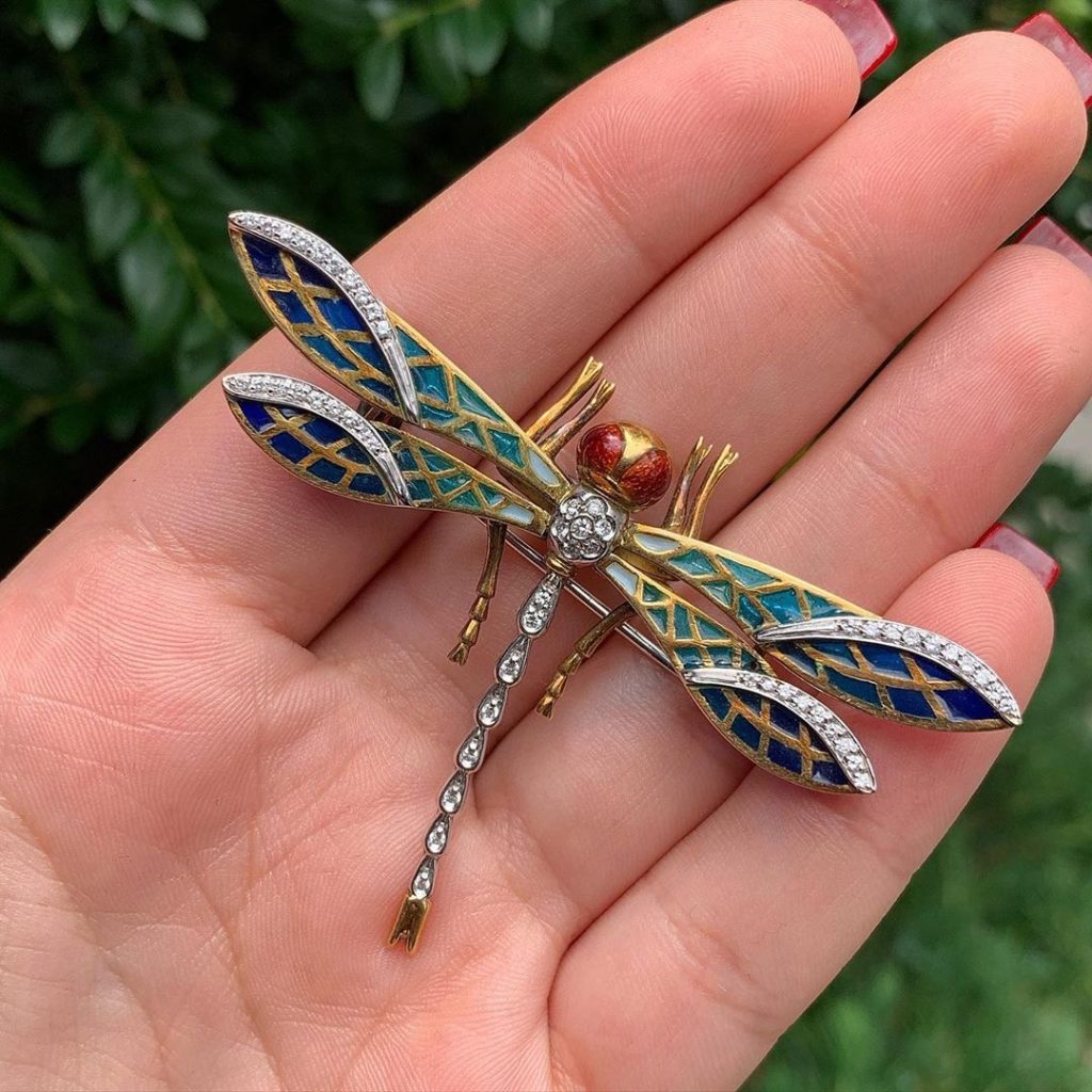 Gorgeous Plique-à-jour Dragonfly Pin with Diamonds