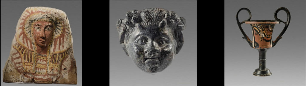 Ancient Egyptian Upper Half Sarcophaqus Lid c.664-332; Ancient Apulian Red Figure Kantharos c.350 BC.; Ancient Greek Thrace Bronze head of Satyr c.3rd cent - at Palmyra Heritage Gallery