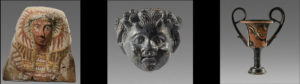 Ancient Egyptian Upper Half Sarcophaqus Lid c.664-332; Ancient Apulian Red Figure Kantharos c.350 BC.; Ancient Greek Thrace Bronze head of Satyr c.3rd cent - at Palmyra Heritage Gallery