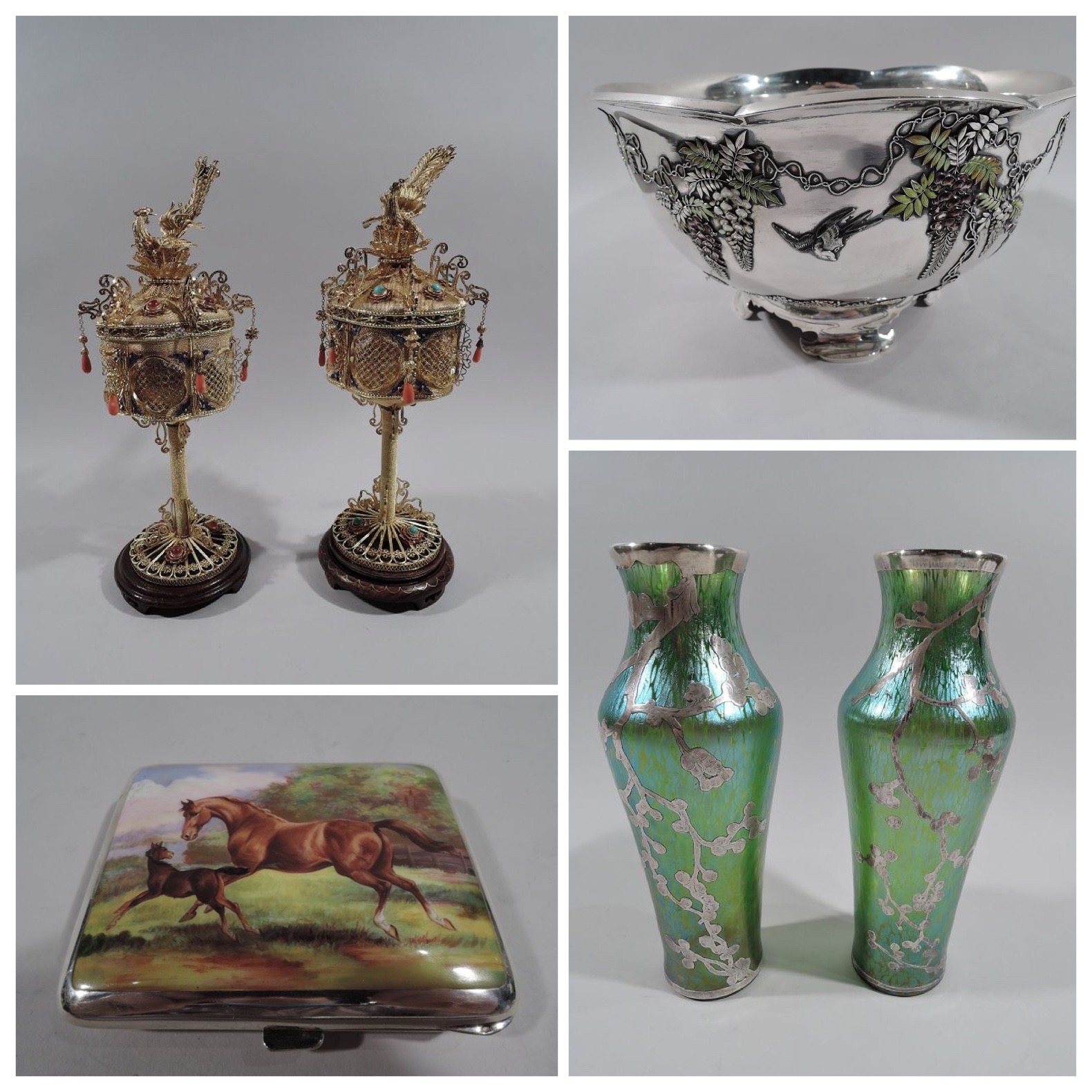 Pair of Antique Chinese Silver Gilt, Hardstone & Enamel Lanterns, Meiji-Era Japanese Silver & Enamel Wisteria & Prunus Branch Bowl, Pair of Loetz Green Art Glass Vases with Japonesque Silver Overlay, Antique Silver & Enamel Frolicking Foal and Mare Cigarette Case
