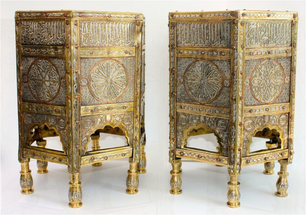 Pair of Mamluk Revival Islamic Koran BrassSilver Tables, Kursi - Palmyra