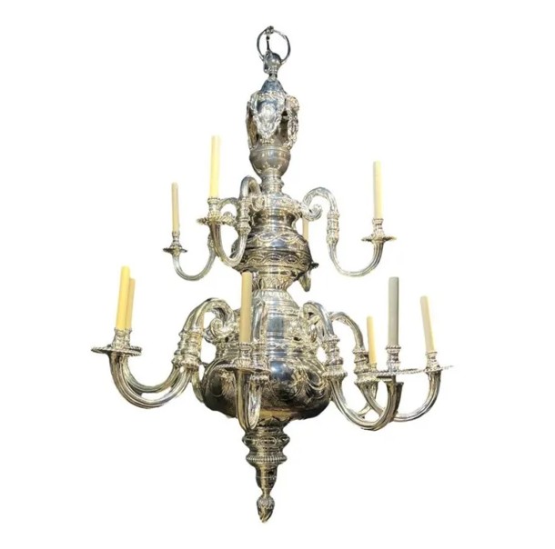 1900 Caldwell Large Silver Plated Engraved Chandelier 12 Lights